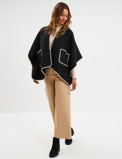 Poncho avec liser&eacute;s contrast&eacute;s noir femme