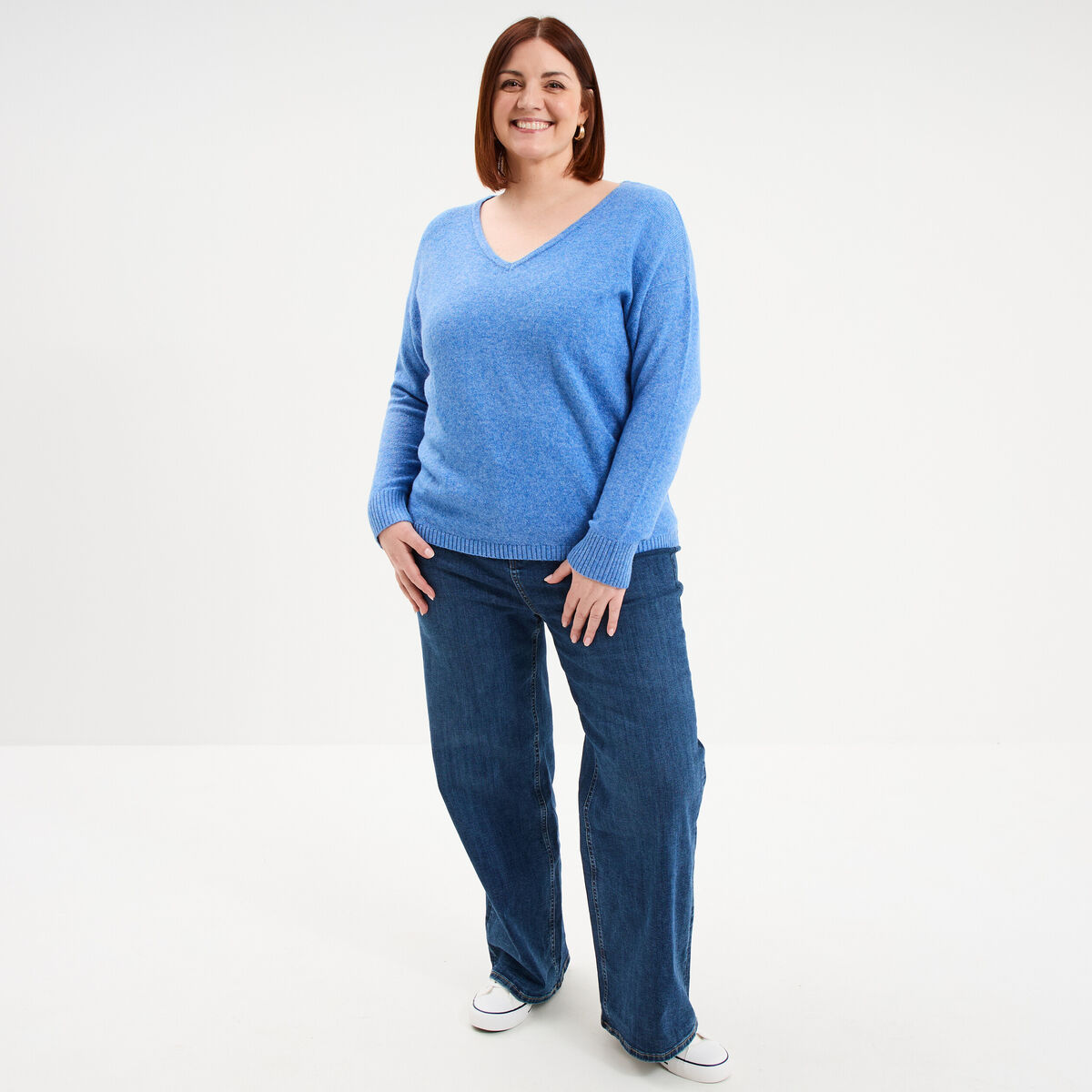 Pull col en V manches longues bleu femme grande taille
