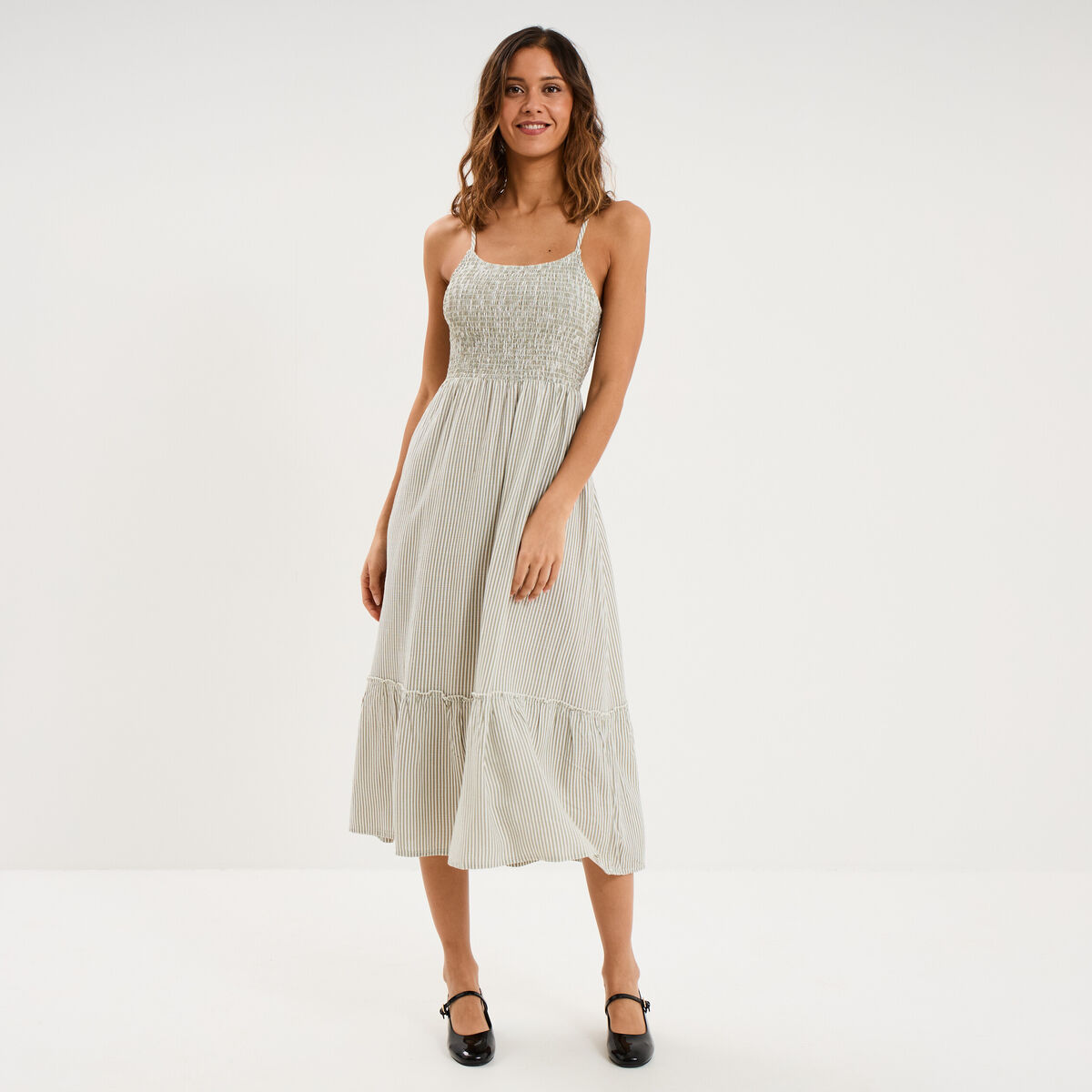 Robe longue buste smock&eacute; lin m&eacute;lang&eacute; blanc femme