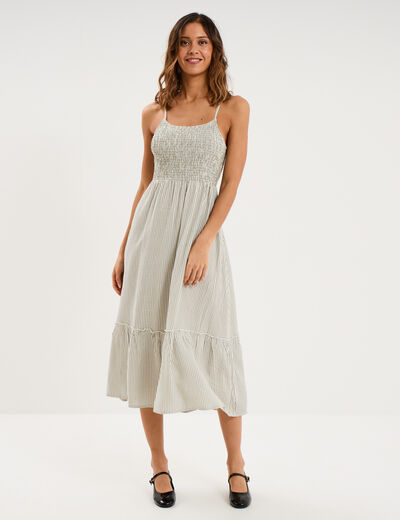 Robe longue buste smock&eacute; lin m&eacute;lang&eacute; blanc femme