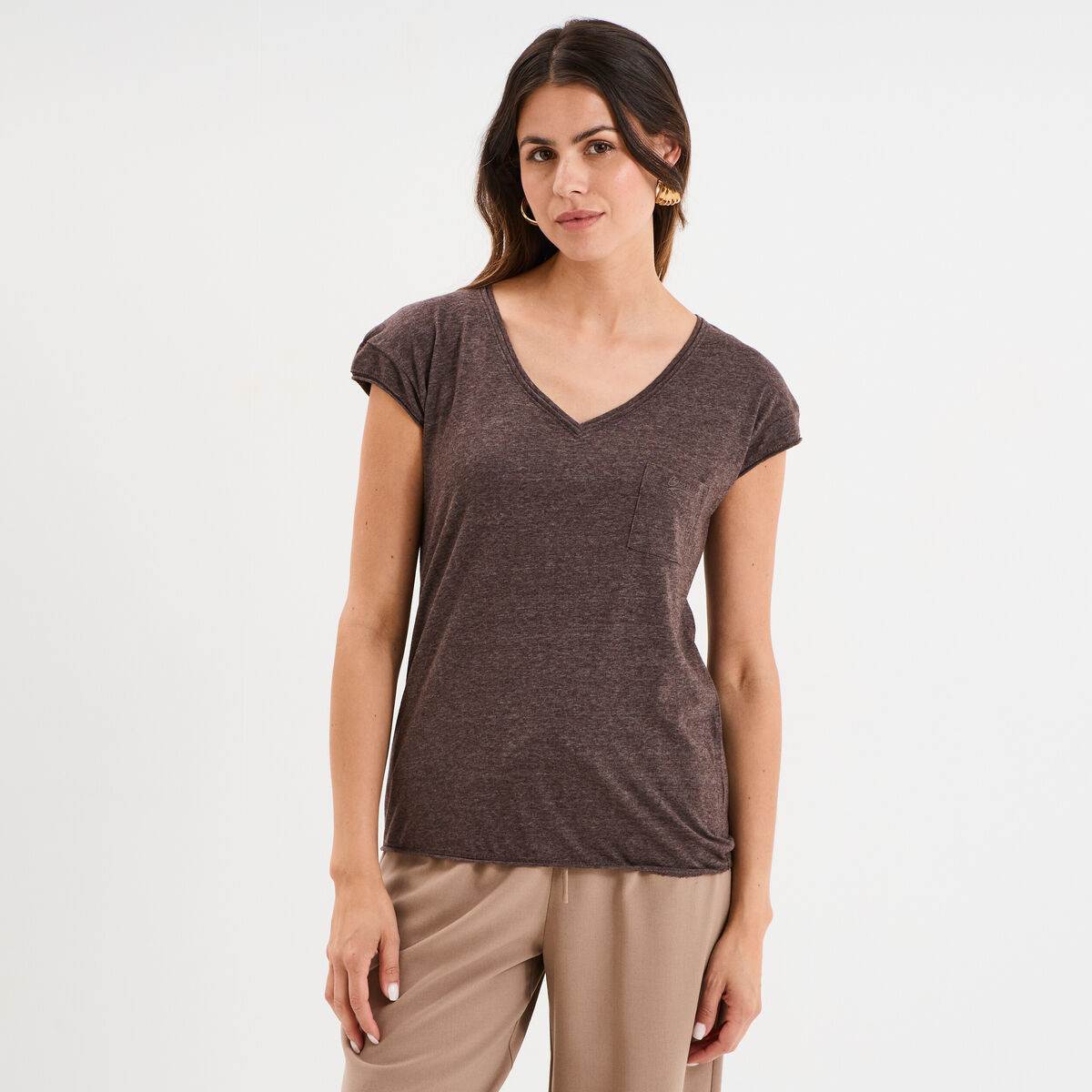T-shirt col v poche poitrine Creeks marron foncé femme