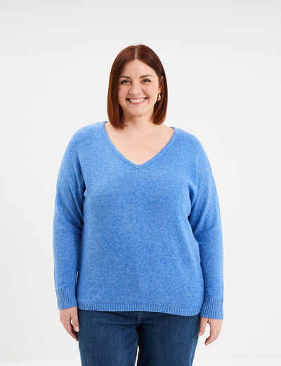 Pull col en V manches longues bleu femme grande taille