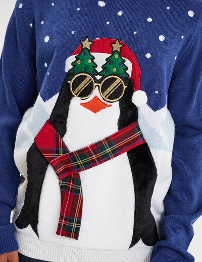 Pull de No&euml;l col rond bleu homme