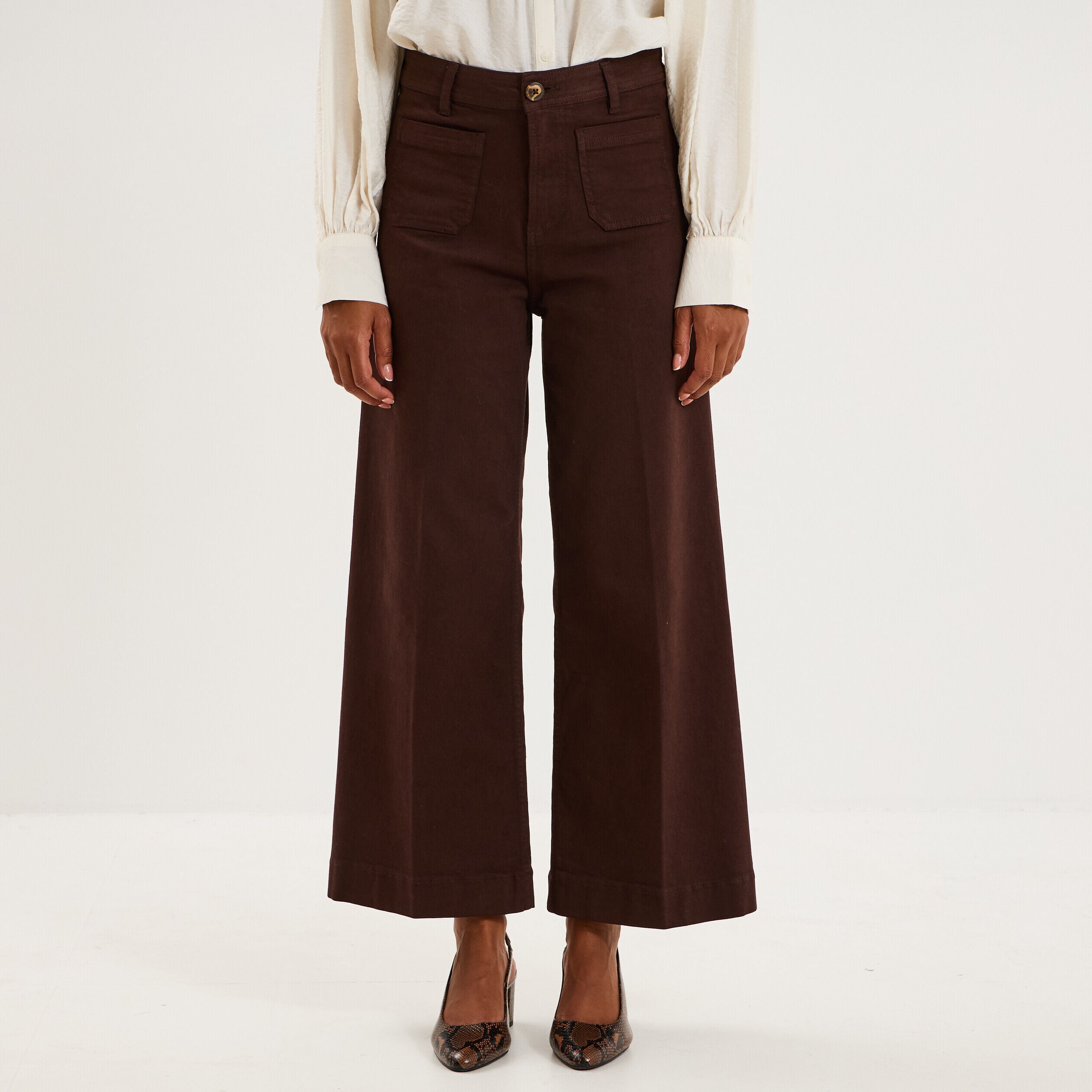 Pantalon large poche plaquée cropped marron foncé femme