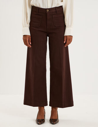 Pantalon large poche plaqu&eacute;e cropped marron fonc&eacute; femme