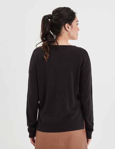 Pull col en V manches longues noir femme