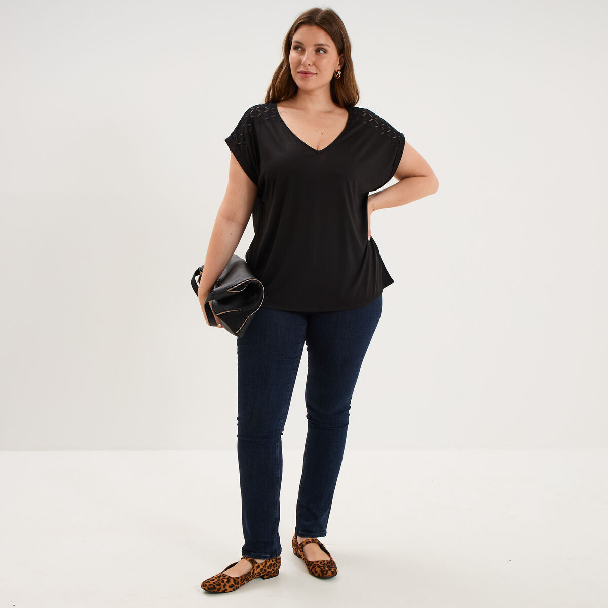 T-shirt droit avec dos dentelle oversize noir femme grande taille