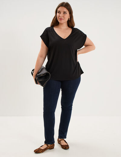 T-shirt droit avec dos dentelle oversize noir femme grande taille