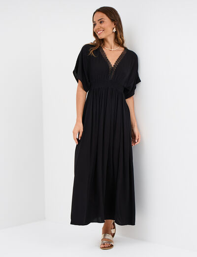 Robe longue évasée noir femme