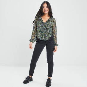 Blouse manches longues col volanté noir femme