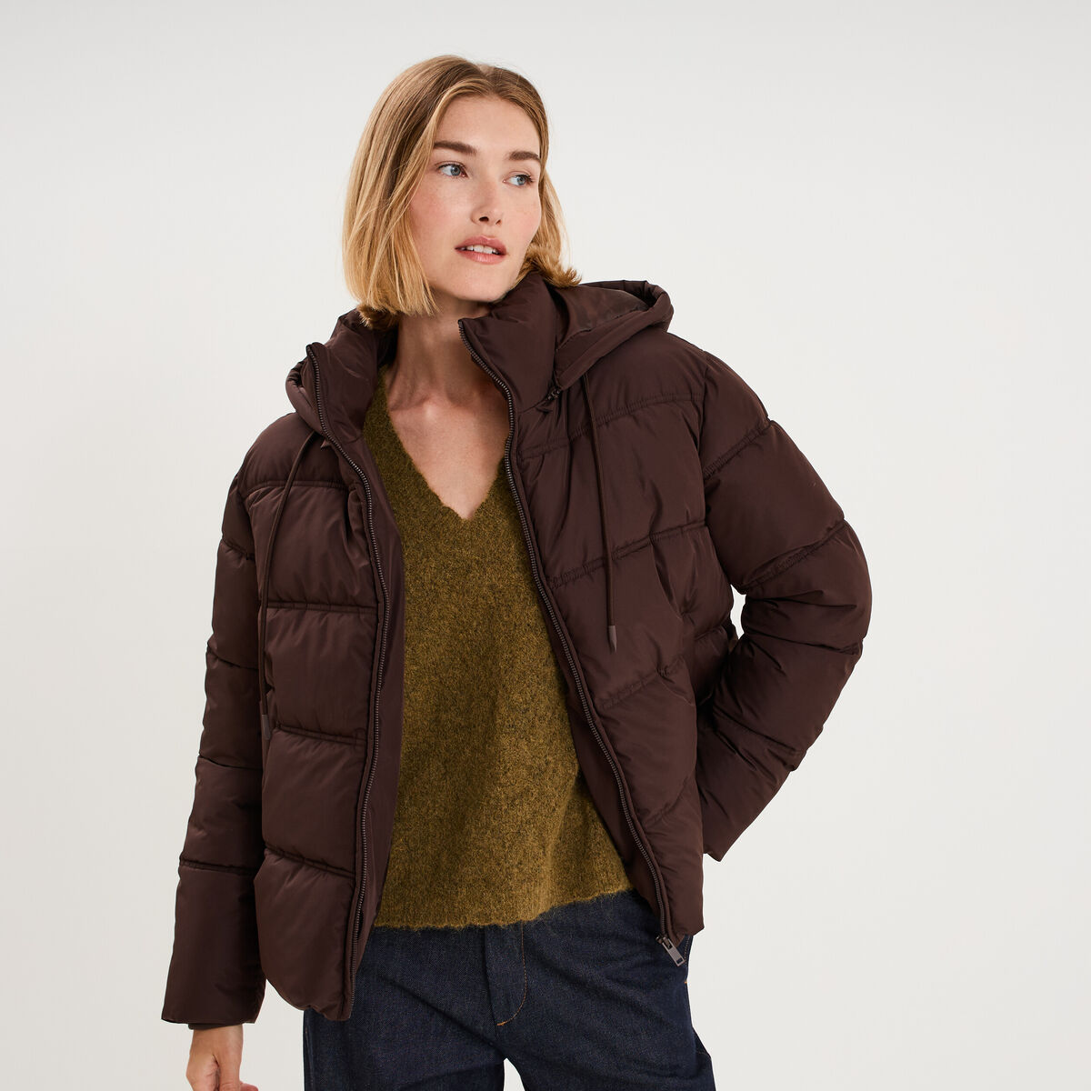 Doudoune &agrave; capuche zipp&eacute;e femme marron fonc&eacute; femme