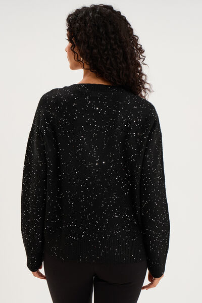 Pull droit &agrave; sequins et col en V noir femme