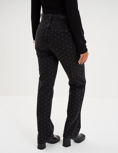 Jean droit &agrave; strass taille haute denim noir femme
