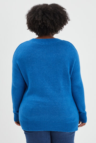 Pull col en V manches longues bleu femme grande taille