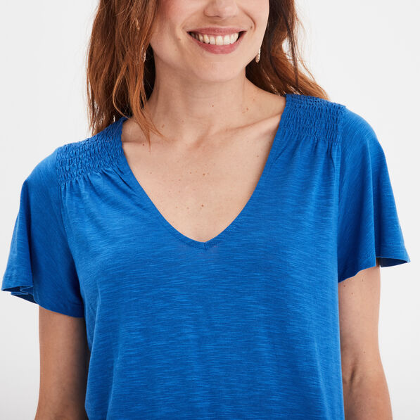 t shirt manches courtes epaules smockees bleu roi femme T-shirt manches courtes épaules smockées bleu roi femme