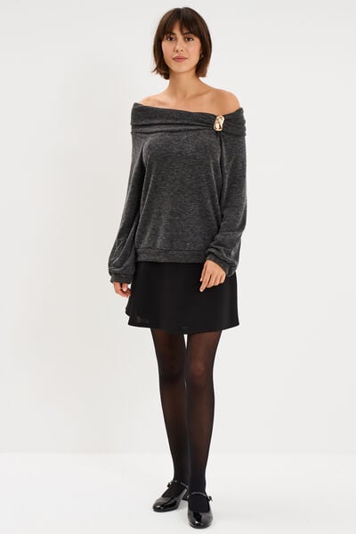 Pull encolure bateau manches longues gris femme