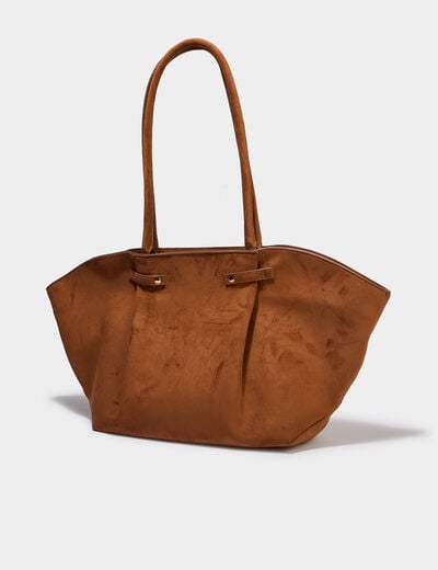 Sac cabas trap&egrave;ze effet su&eacute;dine camel femme