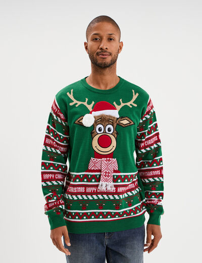 Pull de No&euml;l avec pompon vert homme