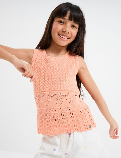 Débardeur tricot ajouré coton rose saumon fille