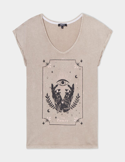 T-shirt coton col en V manches courtes vert kaki femme