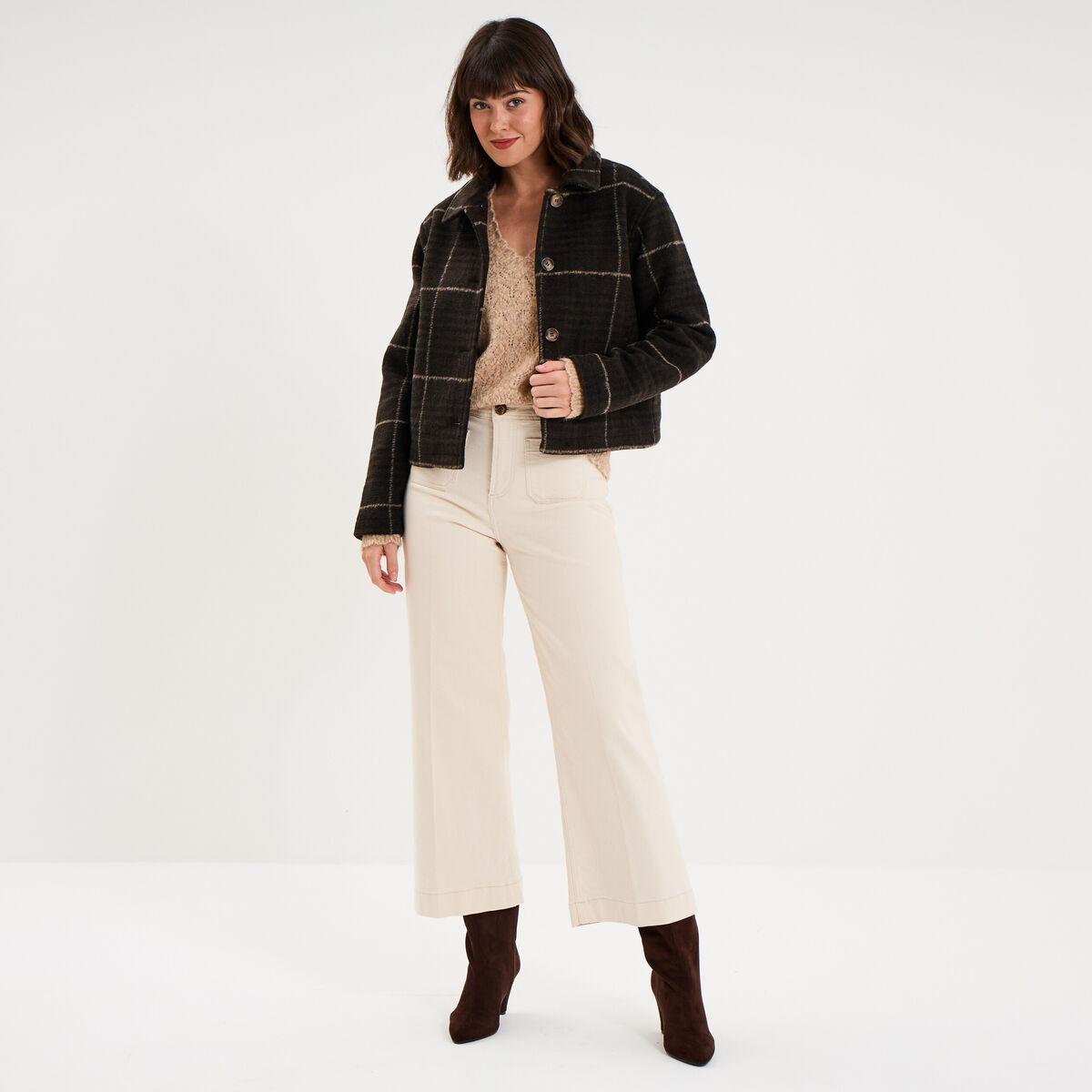 Pull col V ajour&eacute; manches longues beige femme