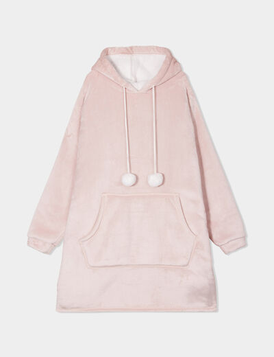 Poncho plaid polaire à capuche vieux rose femme