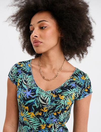 T-shirt col V droit manches courtes noir femme