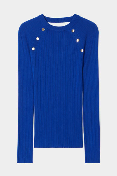 Pull ouverture dos et boutons épaules bleu electrique femme