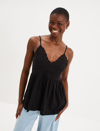 D&eacute;bardeur effet crochet col V coton noir femme