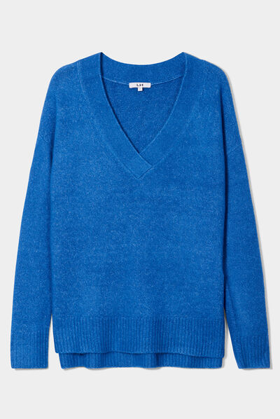 Pull col en V fentes aux côtés bleu roi femme