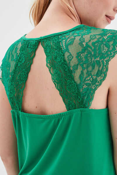 T-shirt col en V dos dentelle vert émeraude femme