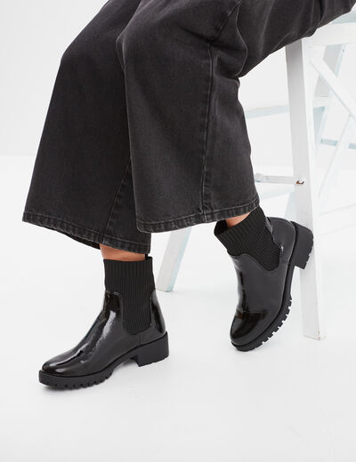 Bottines chelsea vernies &agrave; talons plats noir femme