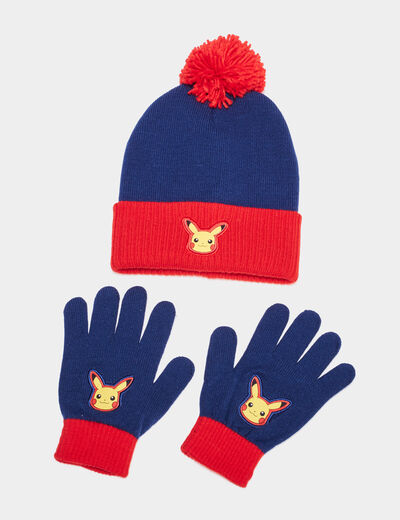 Ensemble bonnet et gants Pokémon Pikachu bleu marine garçon