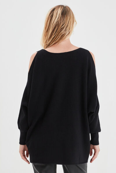 Pull perles et strass au col noir femme