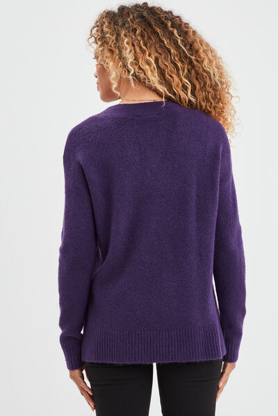 Pull col en V fentes aux côtés violet foncé femme