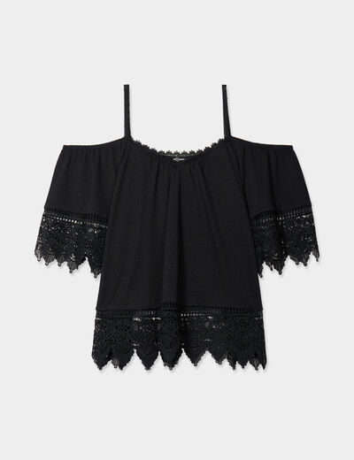 T-shirt col bardot et macramé Mosquitos noir femme