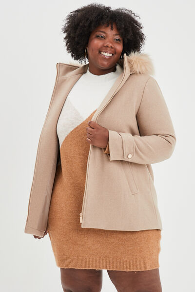 Manteau à capuche fourrure amovible beige femme grande taille