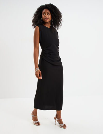 Robe longue fronc&eacute;e sans manches noir femme