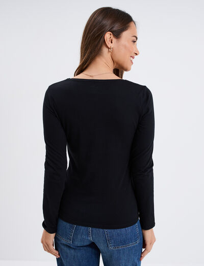 T-shirt coton col rond manches longues noir femme