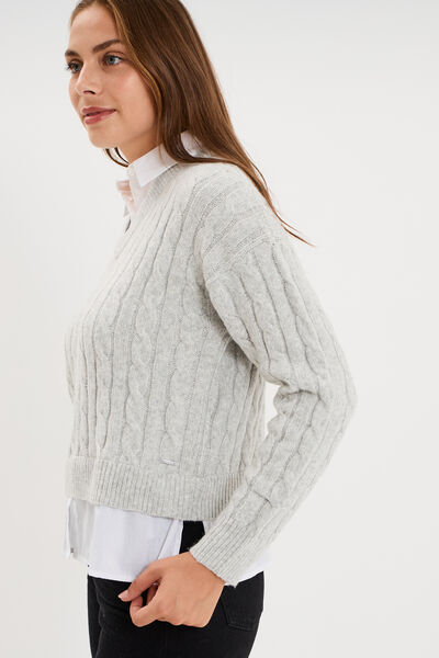 Pull torsades effet 2-en-1 chemise gris clair femme