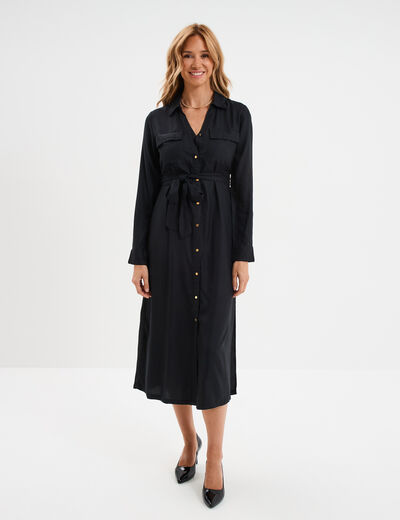 Robe chemise longue ceintur&eacute;e noir femme