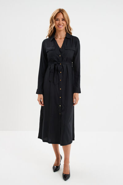 Robe chemise longue ceintur&eacute;e noir femme