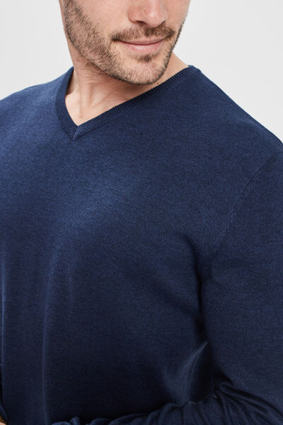 Pull jersey avec col en V bleu marine homme