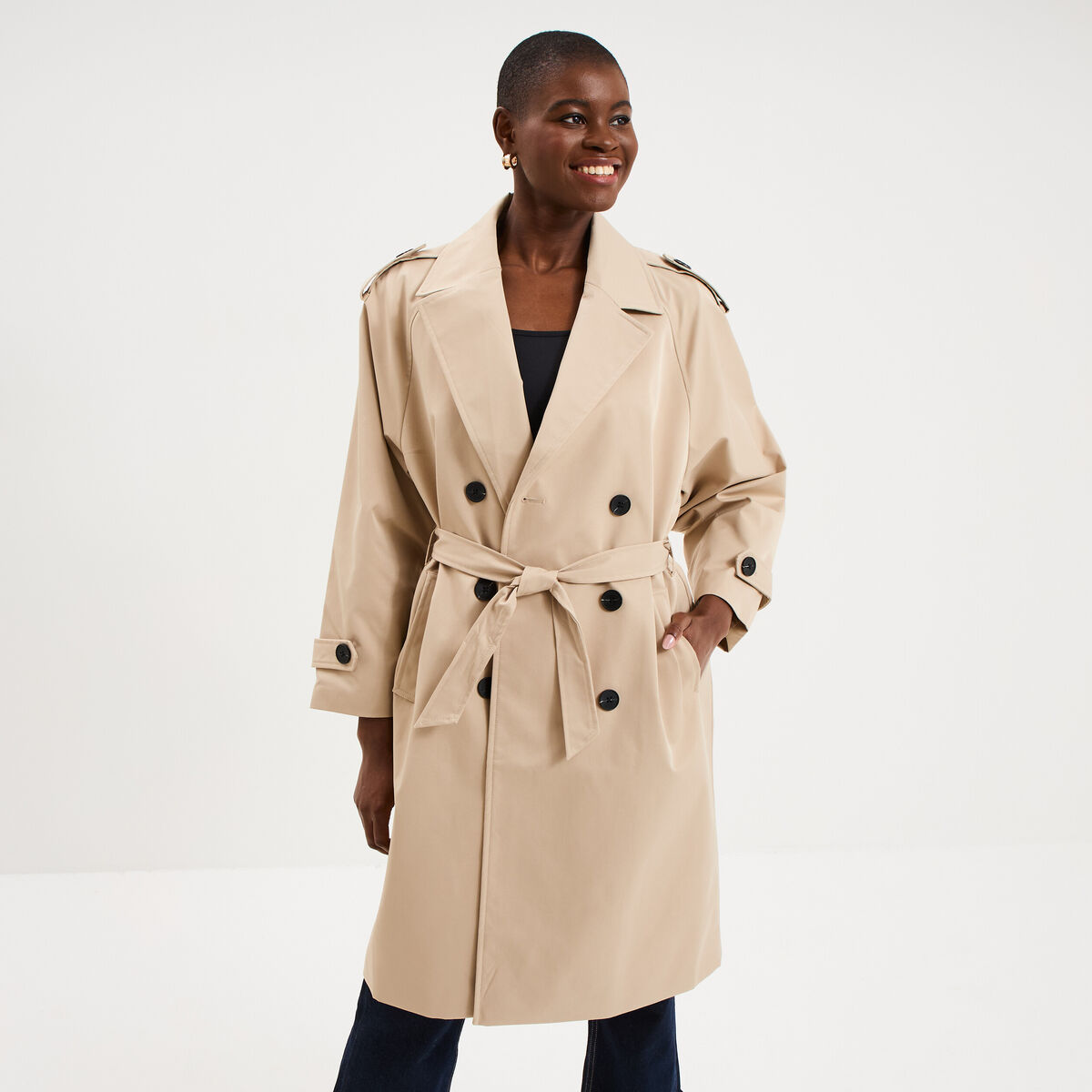 Trench long ceintur&eacute; beige femme