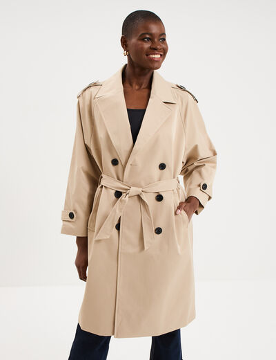 Trench long ceintur&eacute; beige femme