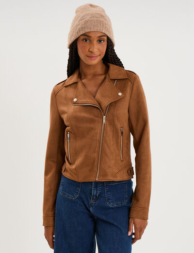 Veste biker en su&eacute;dine ajust&eacute;e camel femme