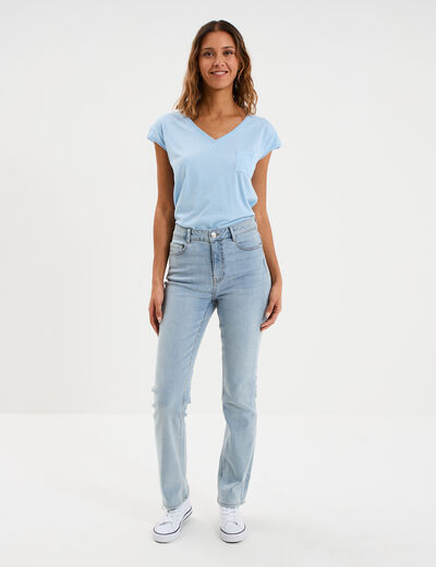 T-shirt col v poche poitrine bleu clair femme