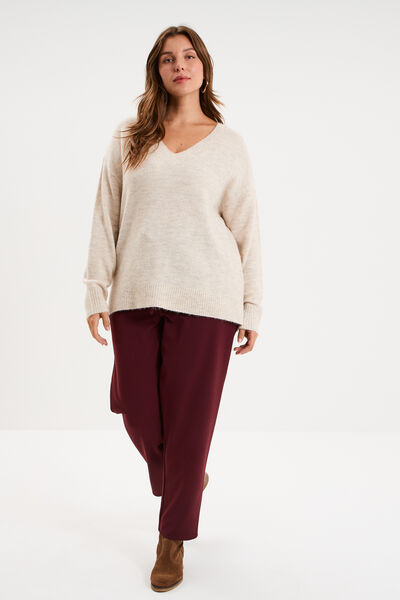 Pull droit col en V manches longues ecru femme grande taille