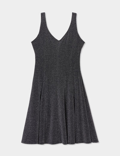 Robe patineuse fils métallisés col en V gris argent femme