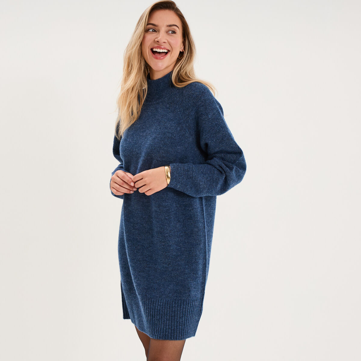 Robe pull col montant manches longues bleu femme